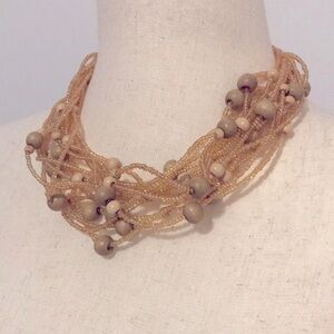 Like-New! Multi-Strand Gold Seed and Wood Bead Statement Necklace